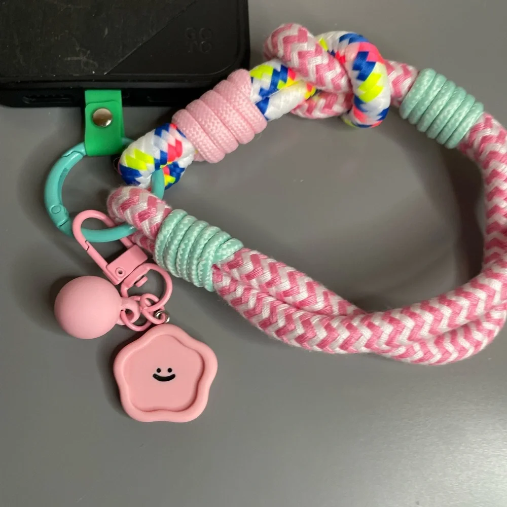 Pink Chevron Rope Phone Wrist Lanyard with Pastel Accents